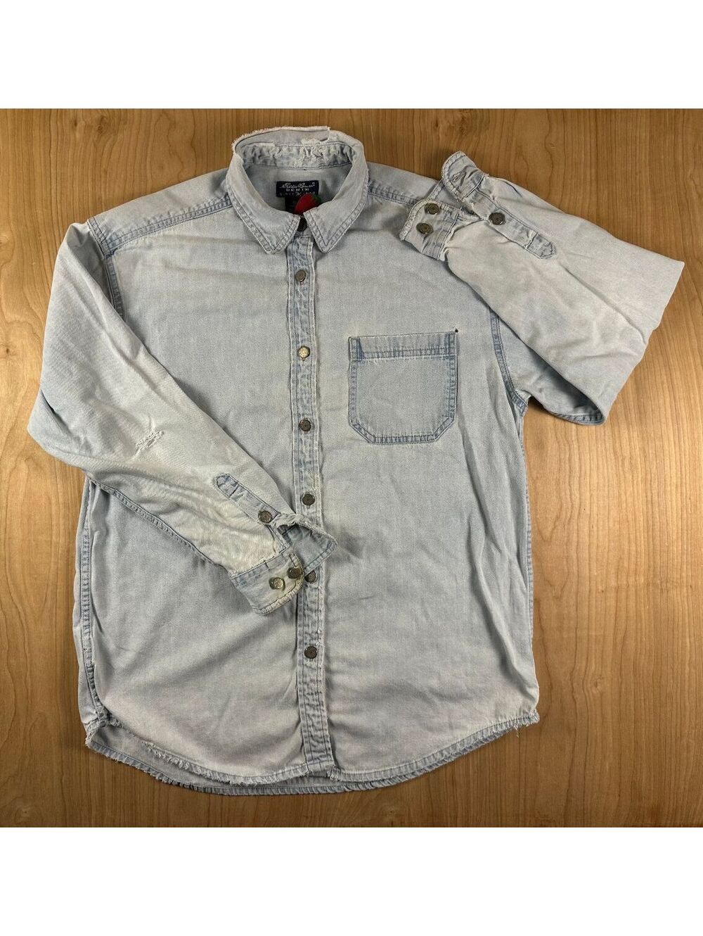 Vintage 80s Eddie Bauer Denim Button Up Shirt chambray medium faded 100% cotton